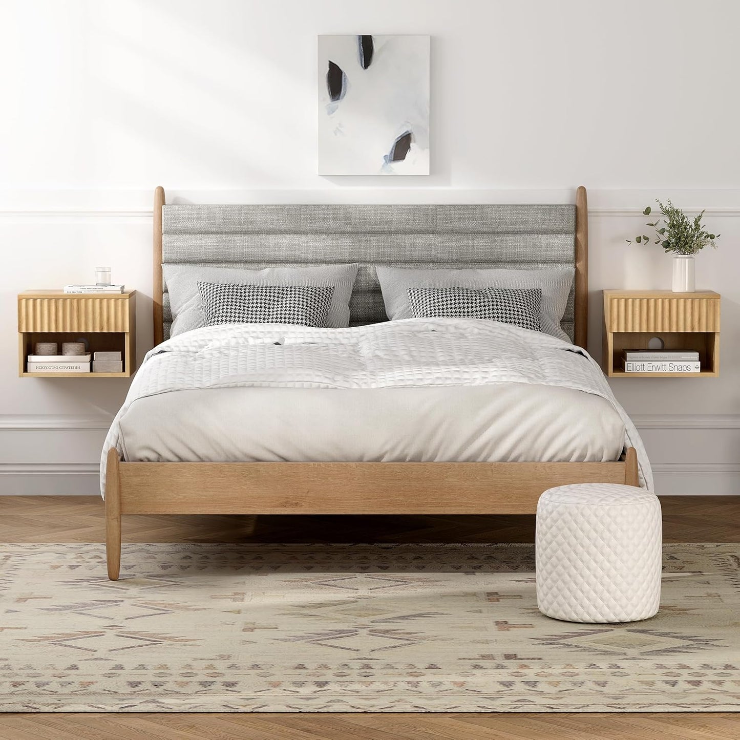 Floating Nightstand with Drawer and Open Shelf, Small Wall Mounted Bedside End Table, Modern Fluted Night Stand for Bedroom, Living Room, Natural Oak