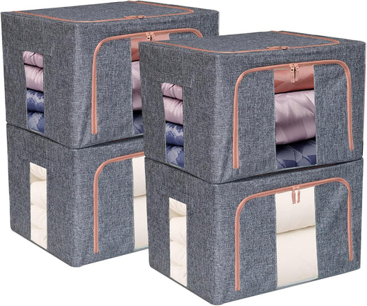 Linen Clothes Storage Bins, 4PCS Sturdy Closet Organizers and Storage Bin with Metal Frame, 2 Opening Ways Fabric Visible Lidded Storage Box for Organizing Clothing,Jeans,Sheets (4PC Gray, 60Liters)