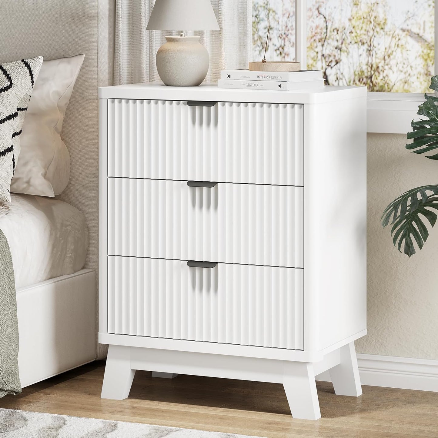 Fluted Nightstand with 3 Storage Drawers, 24" Wide Wood Bedside Table with Mental Handle, Mid Century Modern Wooden Side Table Night Stand, Curved End Table for Bedroom, Living Room, White