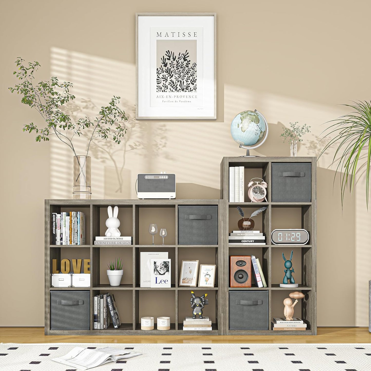 furtble Bookshelf with Storage Bin, 4-Cube Storage Organizer, Modern Wood Open Bookcase, Multifunctional Display Shelf for Living Room, Bedroom, Home Office, Gray Oak
