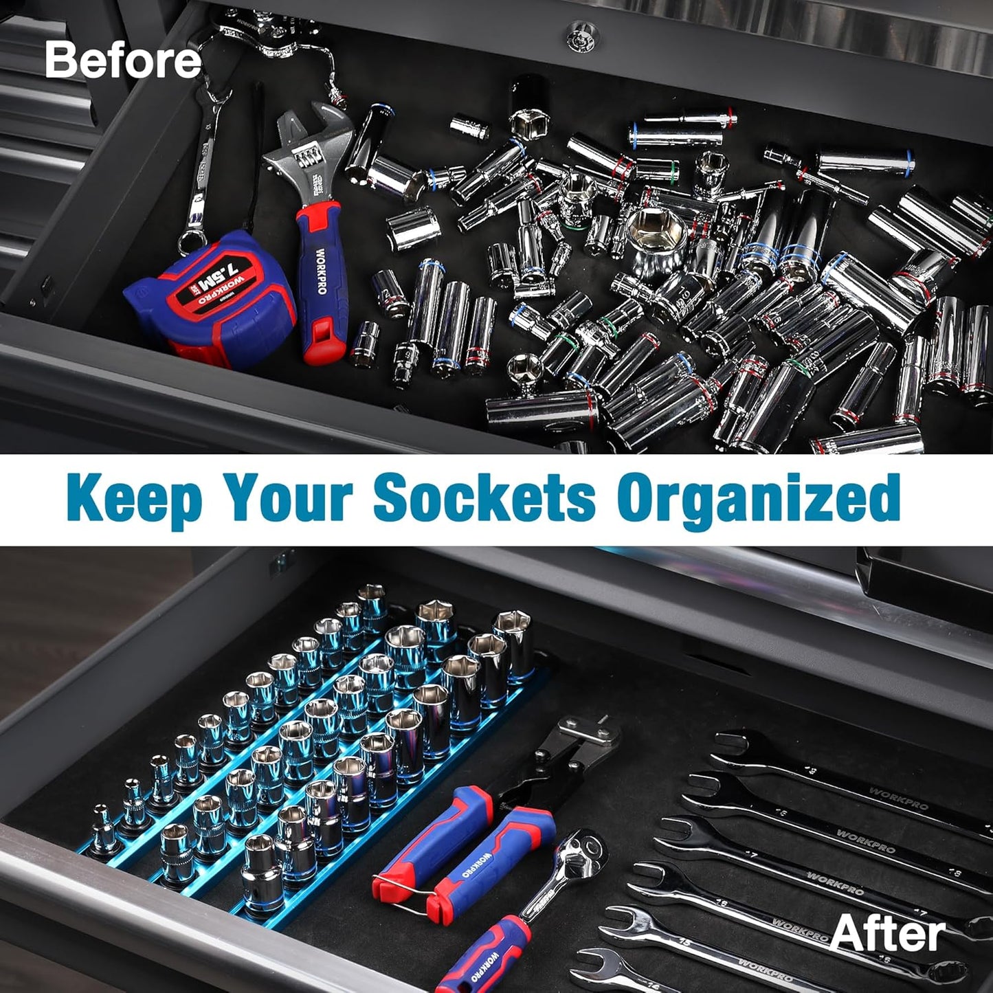 WORKPRO Magnetic Socket Organizer, 1/4-Inch Drive Aluminum Alloy Socket Rail, Heavy Duty Socket Holder, Socket Rack Kit 1/4-Inch x 12 Clips Sky Blue (Socket not Included)