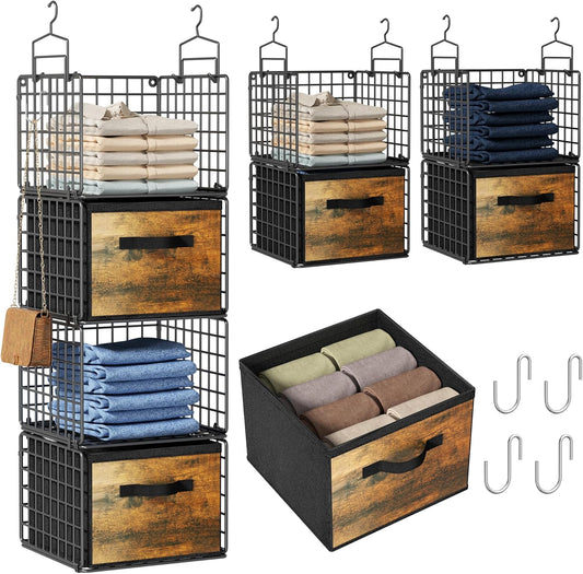 Hanging Closet Organizer with Drawers, 4 Tier Metal Closet Organizers and Storage with 4 Hanging Hooks 4 S-Hooks for Wardrobe Laundry Room, Wire Storage Shelf for Clothes Sweaters Pants (Black)