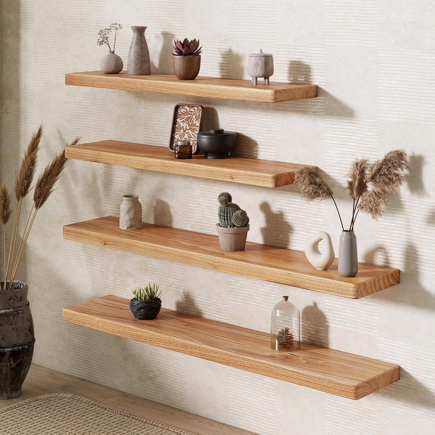 48" Rustic Elm Wood Floating Shelves, 8 Inch Deep Wall Shelves for Home Decor, Wall Mounted Floating Shelf with Invisible Bracket, Heavy-Duty Storage & Display Shelf for Living Room, Kitchen, Set of 1