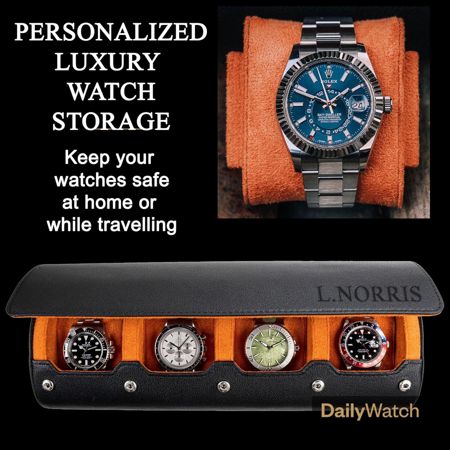 DailyWatch | Personalized Watch Roll Travel Case For 4 Watches - Handmade Genuine Leather Travel Case With Custom Engraving of Name or Initials - Black Orange