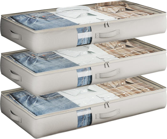 Under Bed Storage Containers with Window, Closet Organizers and Storage Bags, Foldable Underbed Storage Bags for Blankets, Clothing, Comforter, Linen Sheets, Wrapping Paper, 3 Pack, Grey