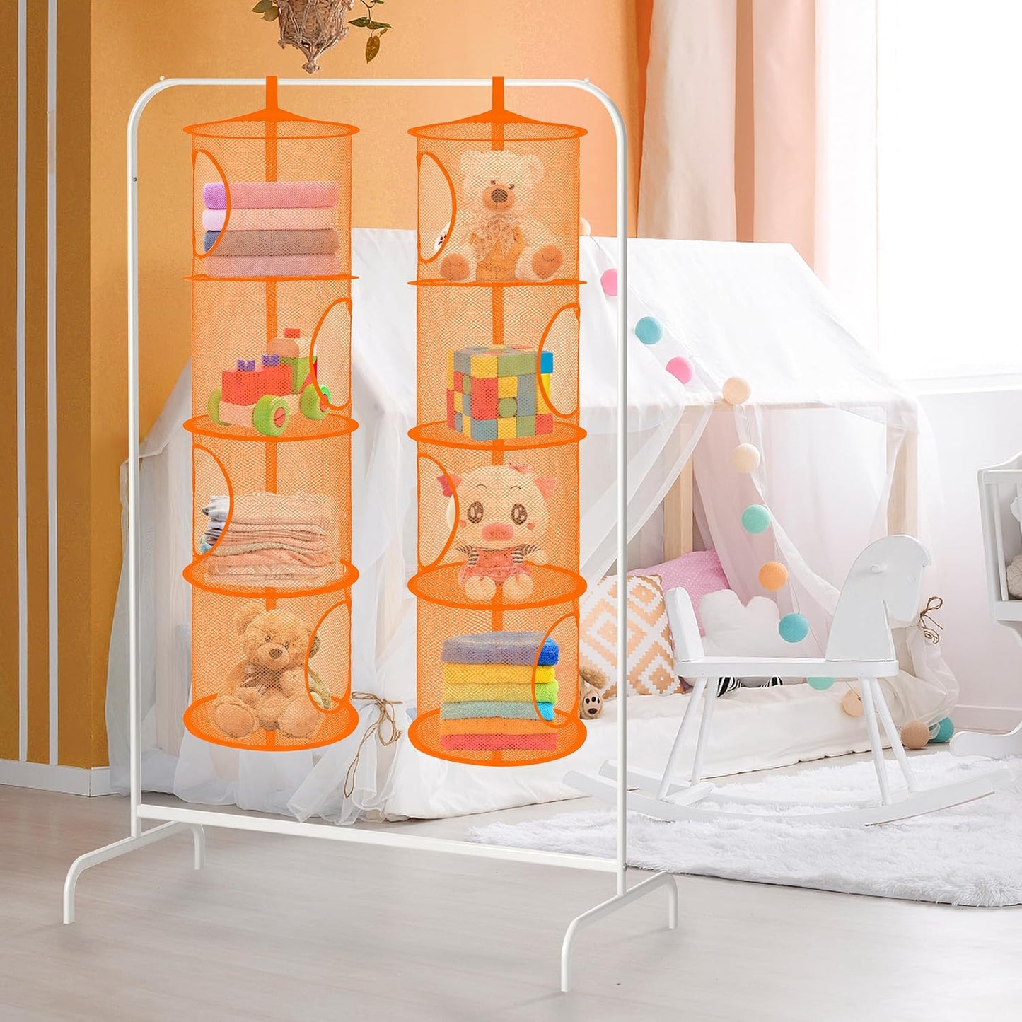 Libeder Mesh Hanging Storage Space Saver Bags Organizer,Foldable Storage Organizer 4 Compartments Toy Storage Basket for Kids Room Bathroom 2 Sets Orange