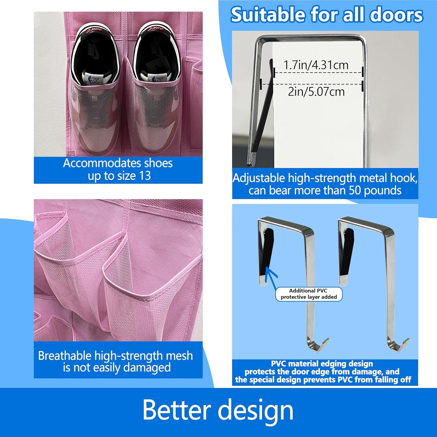 over the door shoe organizer,2025 upgraded,35 Huge pockets,over door shoe organizer,Store size 13 shoes,shoe organizer,Strong material,hooks Suitable for various doors,pink shoe rack