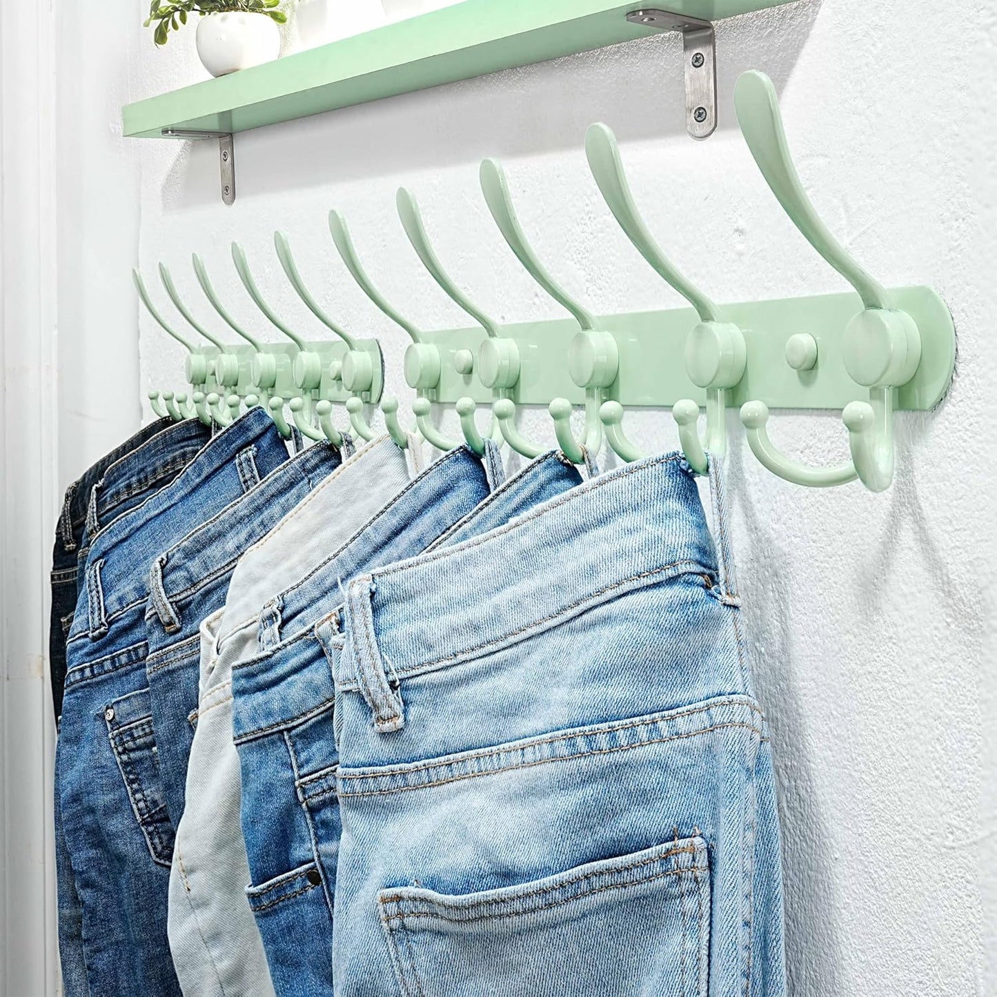 Dseap Coat Rack Wall Mounted - 5 Tri Hooks, Heavy Duty, Stainless Steel, Metal Coat Hook Rail for Coat Hat Towel Purse Robes Mudroom Bathroom Entryway (Green, Pack of 2)