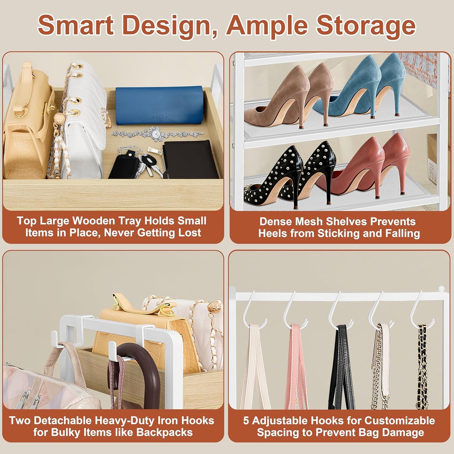 2-in-1 Shoe Rack for Closet with Purse Organizer, 5 Tier Shoes Shelf with Wooden Tray and Removable Shelves, Storage Organizer for Entryway, Garage, Hold Boots, Backpacks, White