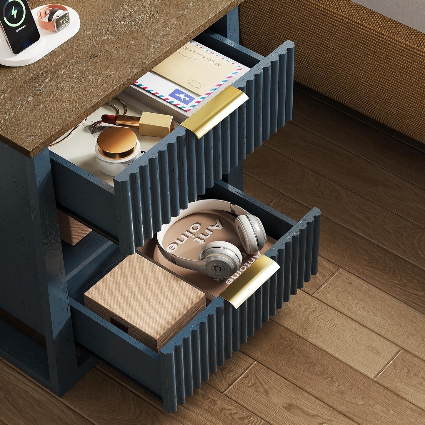 HIFYOBRO Fluted Nightstands Set of 2 with Charging Station & Motion Sensor Light, Modern Bedside Tables with 2 Drawers and Storage Shelf for Bedroom, Blue