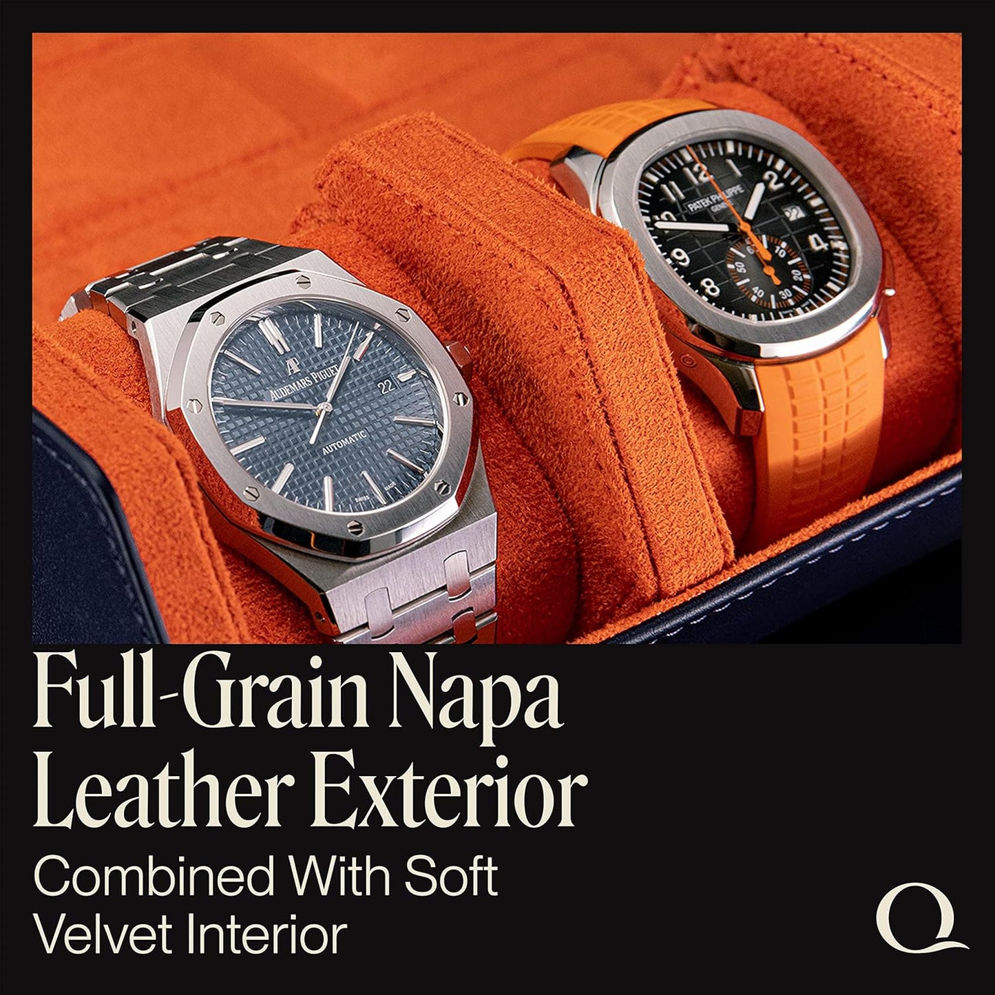 QWATCHBANDS Napa Leather Watch Rolls for Men - Hexagon Triple Watch Roll Travel Case for 3 Watches - Storage Organizer Genuine Leather with Velvet Interior Display (Blue/Orange)