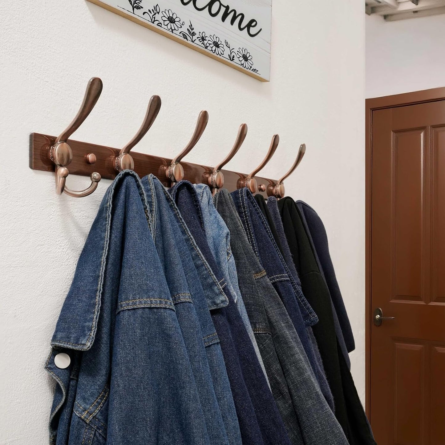 Dseap Coat Rack Wall Mount 2.0 Pro: 24” Long, 3X Tougher, Heavy Duty Stainless Steel Wall Coat Hanger with 6 Tri Hooks for Clothes Jackets Hats Entryway Closet, Antique Copper, Pack of 2