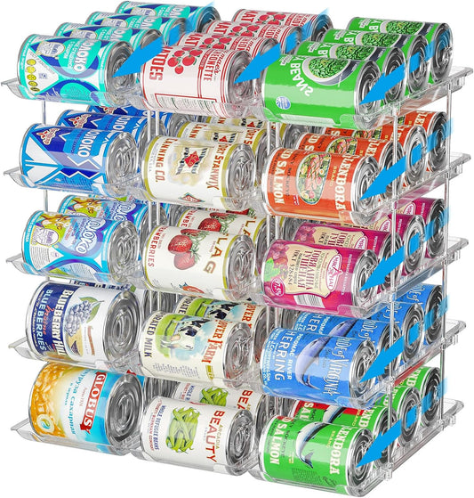 Stackable 5 Tiers Can Organizer Pantry, Canned Food Holder for Fridge Holds 60 Cans, Free Combination & Automatic Rolling, Space Saving Storage for Refrigerator Kitchen Pantry, Clear