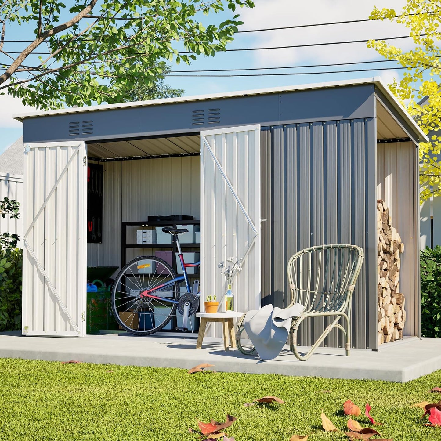 Large Outdoor Storage Shed, 10' X 4' Metal Galvanized Steel Garden Sheds with 4 Vents & Open Storage Area, Utility Tool Shed for Backyard, Patio, Lawn, Gray