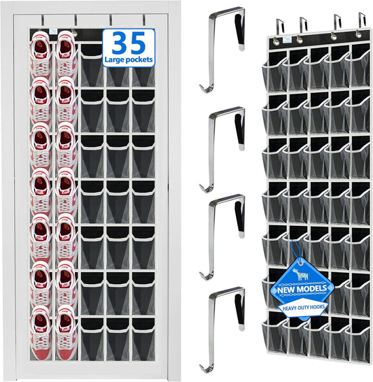 over the door shoe organizer,2025 upgraded,over door shoe organizer,35 Huge clear pockets,Store size 13 shoes,shoe organizer,Strong material,hooks Suitable for various doors,Black