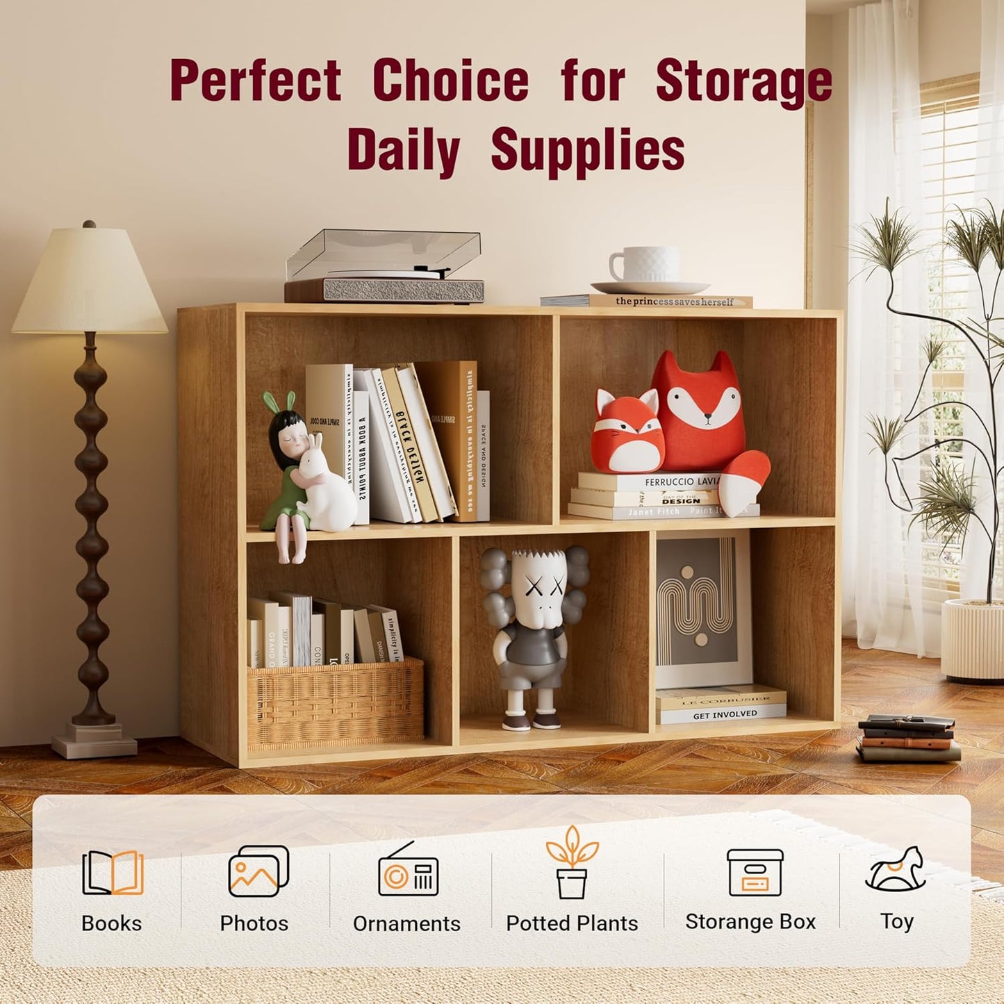 Book Shelf, Wooden Cube Storage Organizer with 11" Open Cubes, Stackable Modular Bookcase for Room Divider Storage, 2 Tier Bookshelf for Living Room, Bedroom, Office (Oak, 5-Cube)