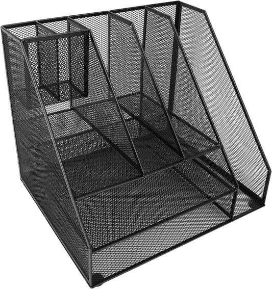 Hyuduo Office Desk Organizer, Black Iron Mesh 3 Tier Paper Letter Tray with 2 Pen Holders and File Rack Metal Structure for Office and Home Desk Organization