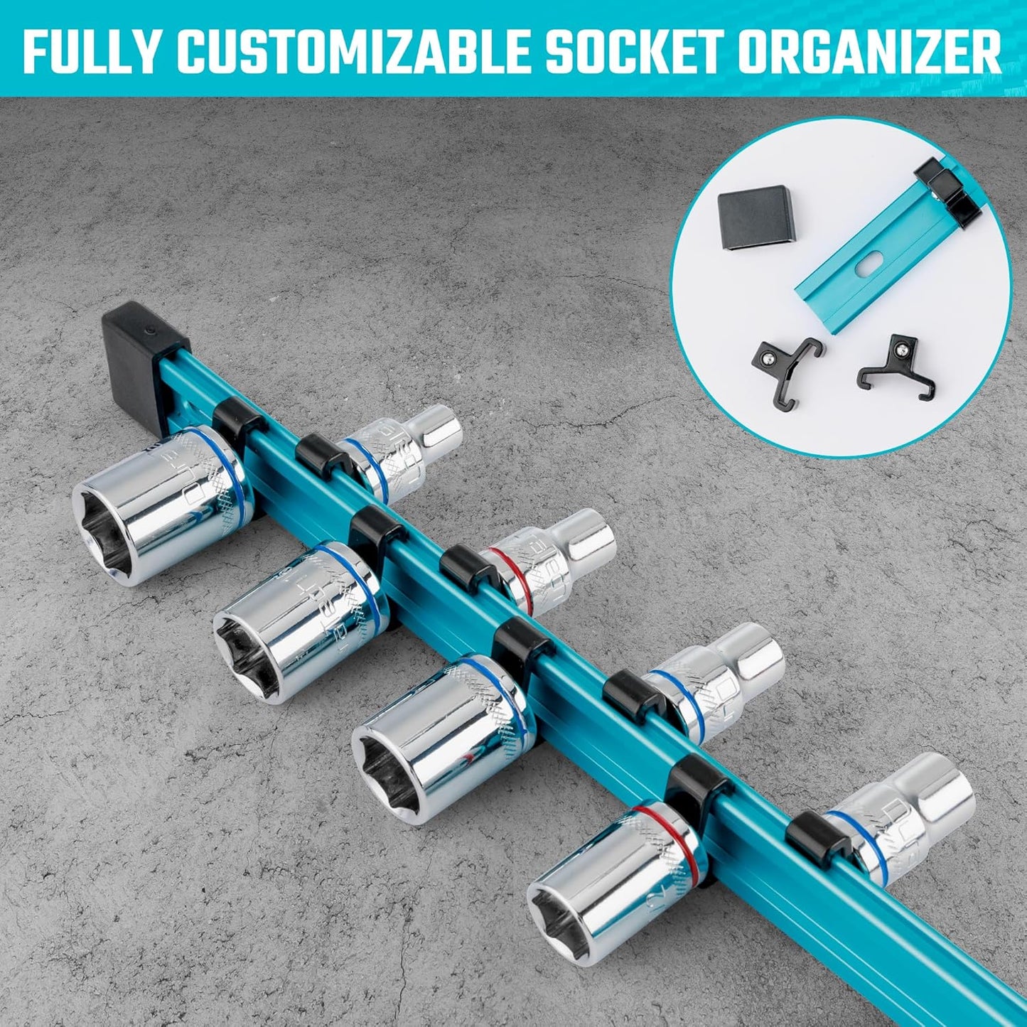 DURATECH Socket Organizer, 3/8-Inch Aluminum Alloy Socket Holder, Heavy Duty Socket Rail Hold 18 Sockets