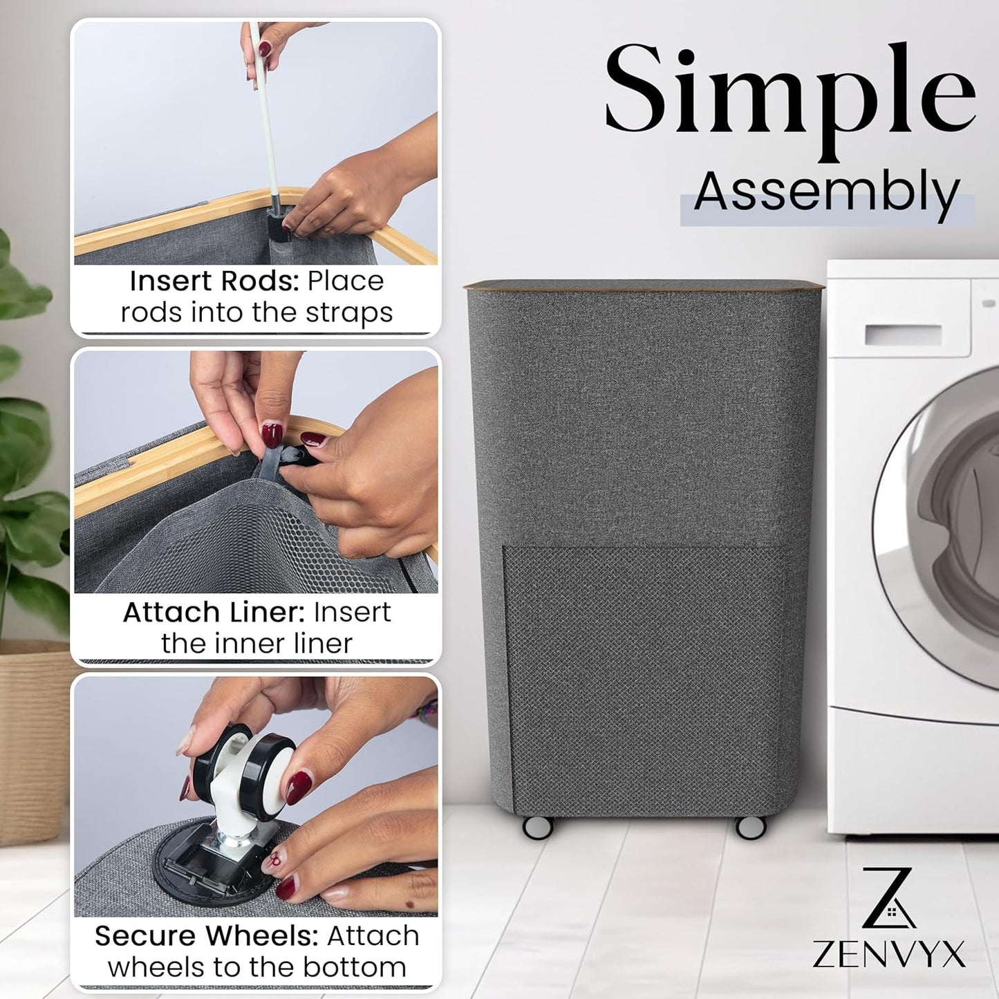 Laundry Basket with Wheels and Handle - 100L Bamboo-Fabric Laundry Hamper with Lid, Front Mesh Pocket, Travel Bag, Sturdy Wheels, Gray
