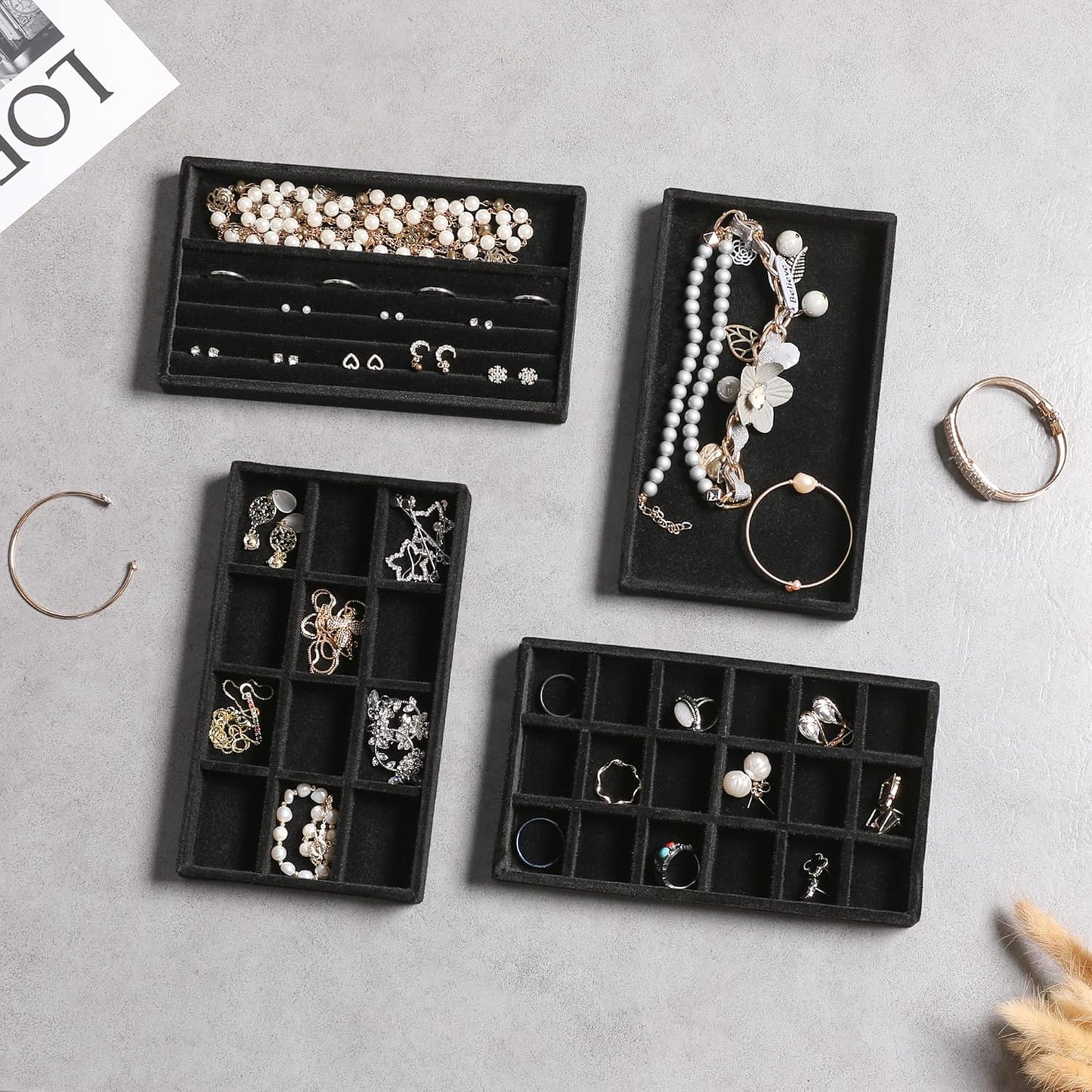 Frebeauty Jewelry Organizer Tray,Stackable Velvet Jewelry Trays,Drawer Inserts Earring Organizer For Women Jewelry Storage Display Case for Rings Stud Necklaces,Set of 4(Black)