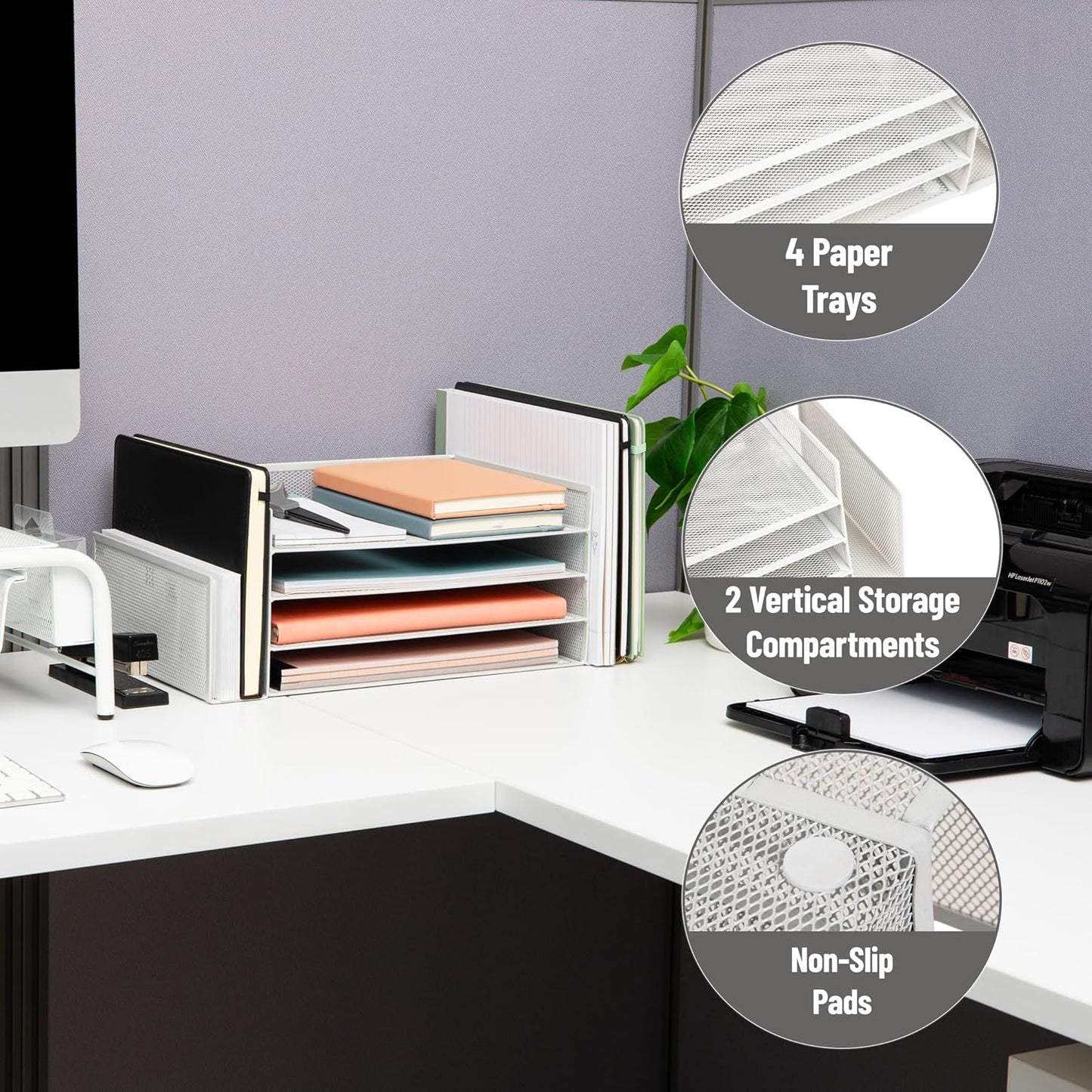 Mind Reader Desktop Organizer, File Storage, Paper Tray, Workspace, Office, Metal Mesh, 16.75" L x 9.15" W x 6" H, White