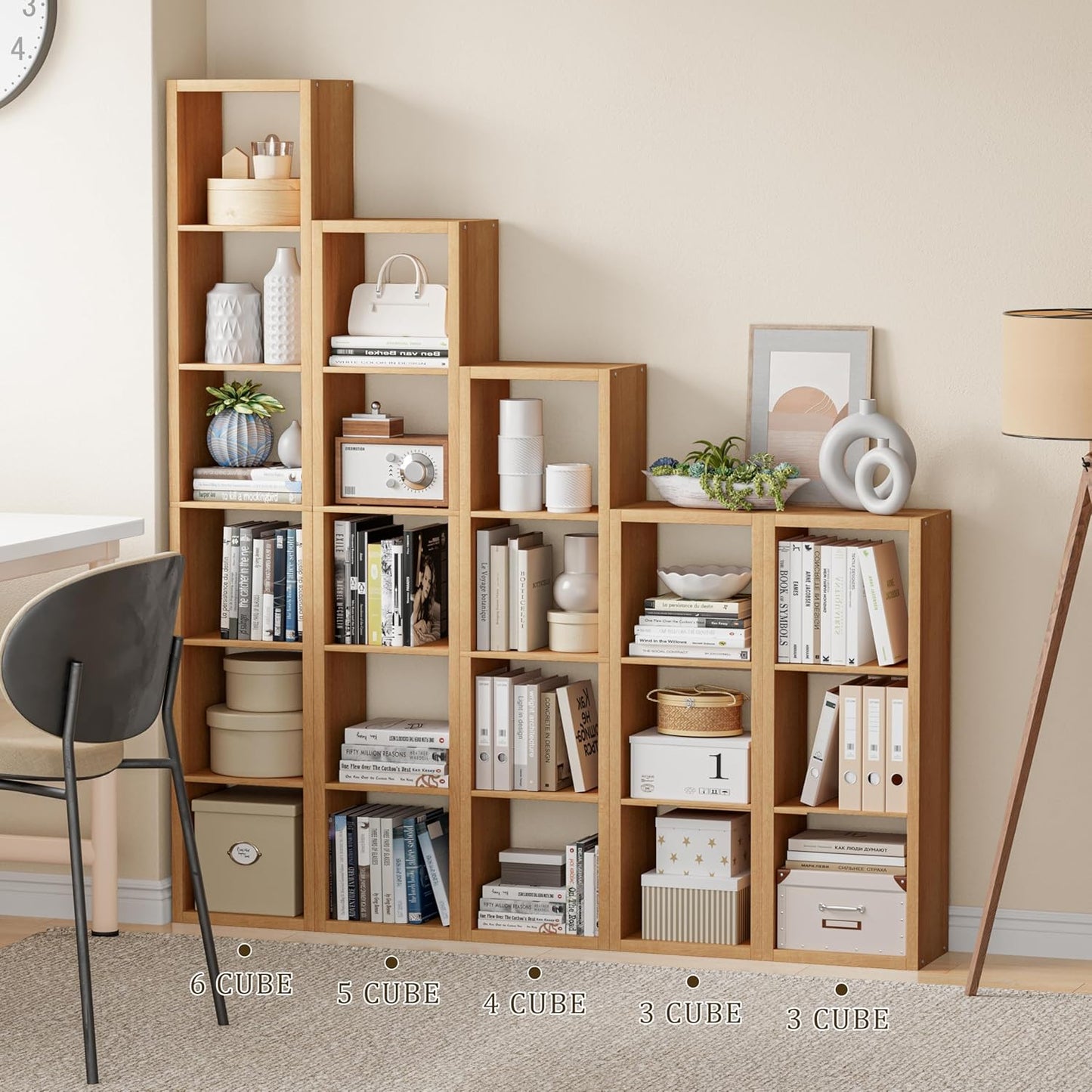 Tall Cube Storage Organizer Bookcase, 5 Tier 11 inch Open Back Cubical Shelf with Thickened Border, Display Bookshelf for Living Room, Home Office, Sturdy Room (Natural Oak, 5 Cube,Vertical)