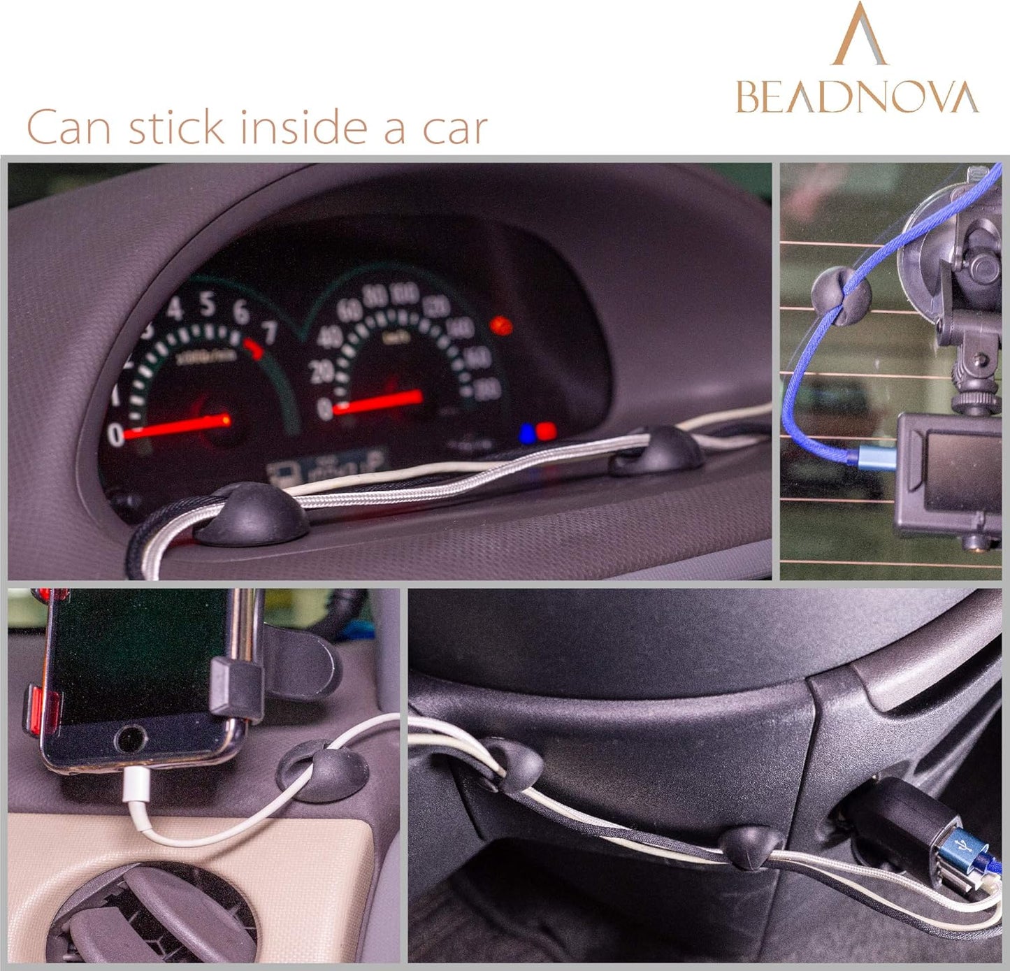 BEADNOVA Cable Clips Cord Organizer Cable Management Wire Cord Holder 2 Slots Adhesive Wire Holder for Car Charging Accessory PC Office Home (Black, 8 pcs)