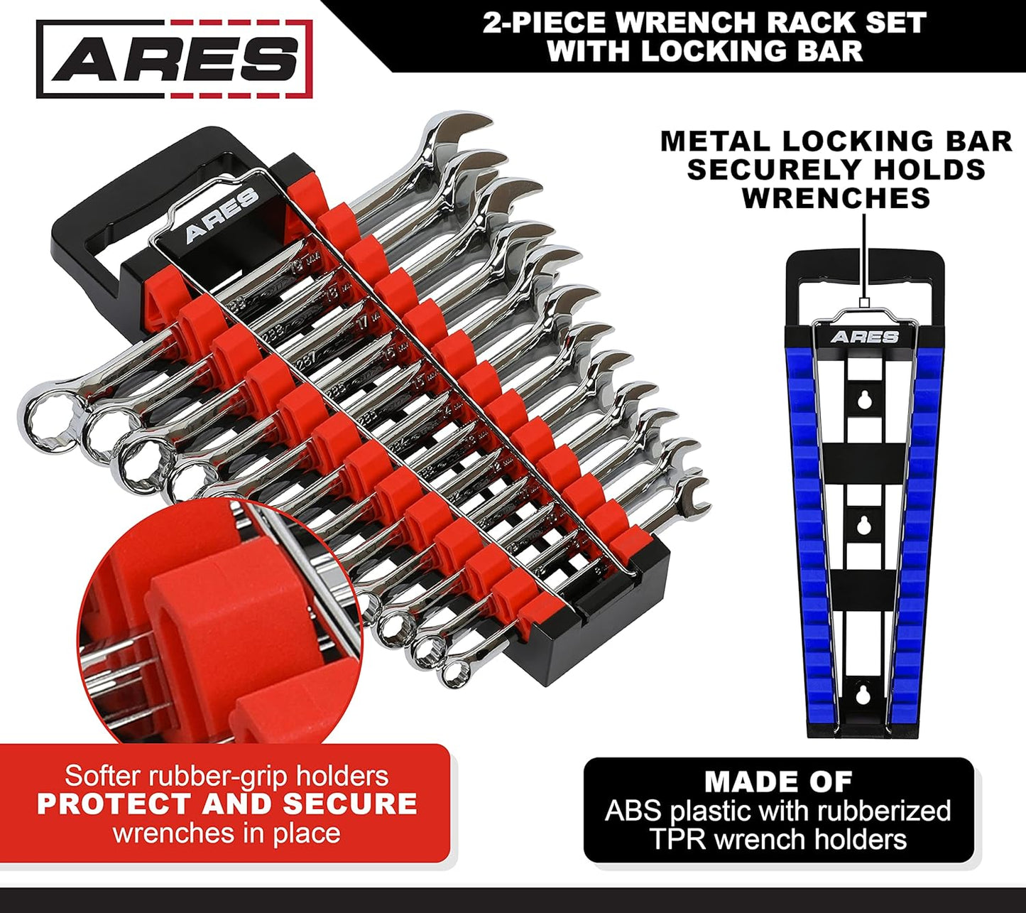 ARES 62043-2-Piece Wrench Rack Set with Locking Bar - SAE Rack Holds 1/4-Inch to 1-Inch Sizes - Metric Holds 6 to 25mm Sizes - Locking Metal Clip Secures Wrenches