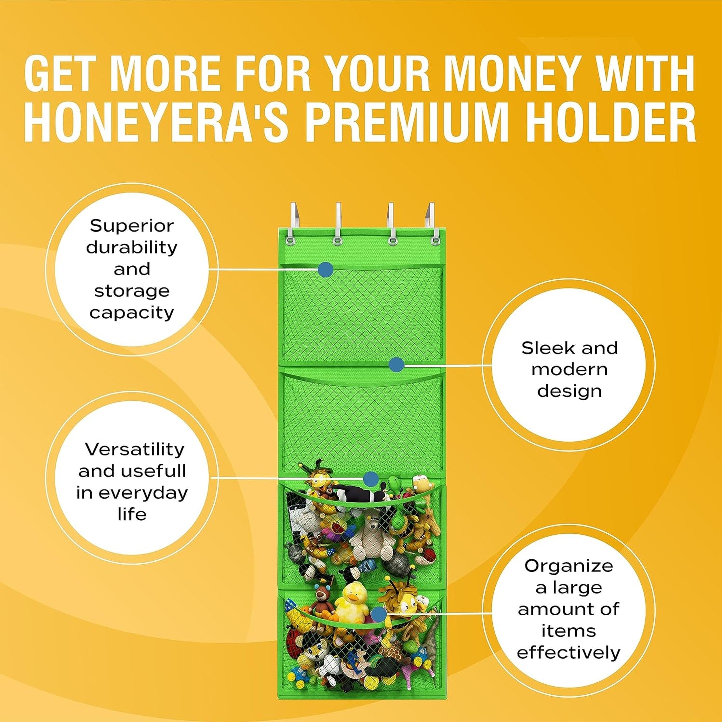 Honeyera Storage for Stuffed Animal - Over Door Organizer for Stuffies, Baby Accessories, and Toy Plush/Easy Installation with Breathable Hanging Pockets (Green)