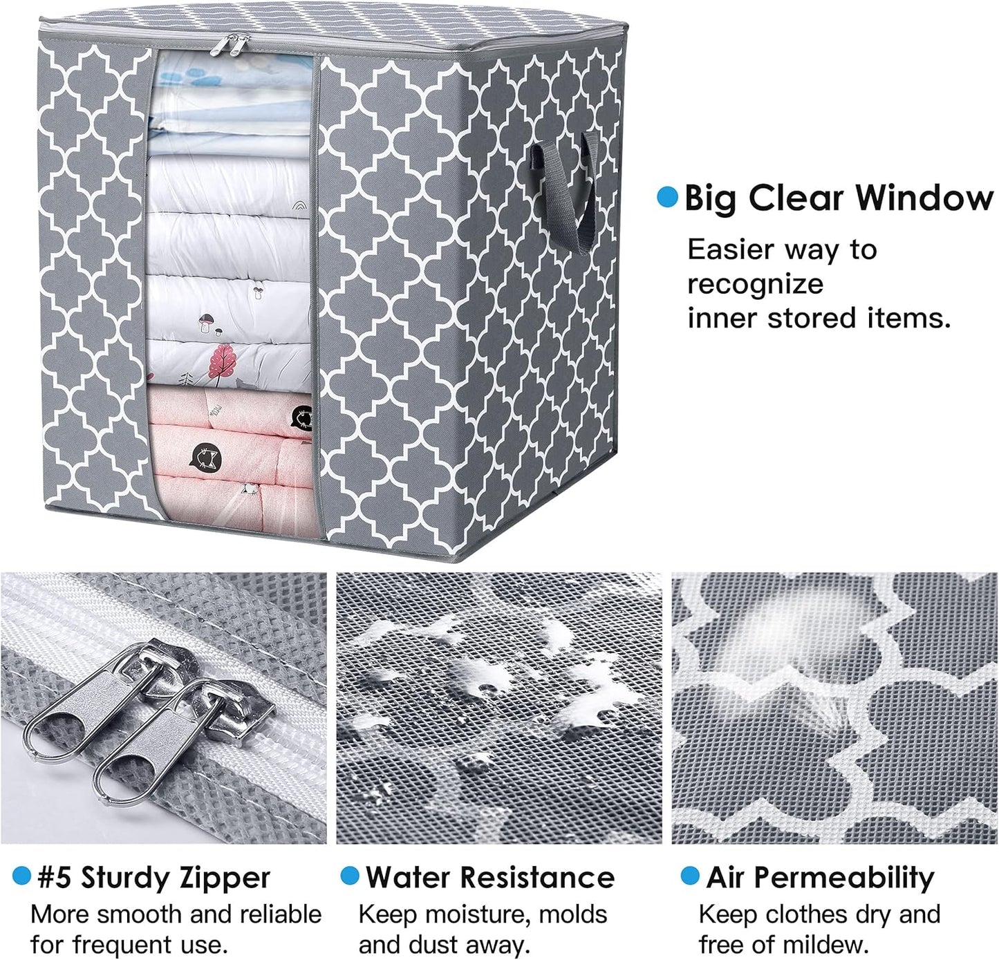WISELIFE Storage Bags 8 Pack/100L Large Blanket Clothes Organization and Storage Containers for Comforters,Bedding, Foldable Organizer with Reinforced Handle, Clear Window, Sturdy Zippers,Light Gray