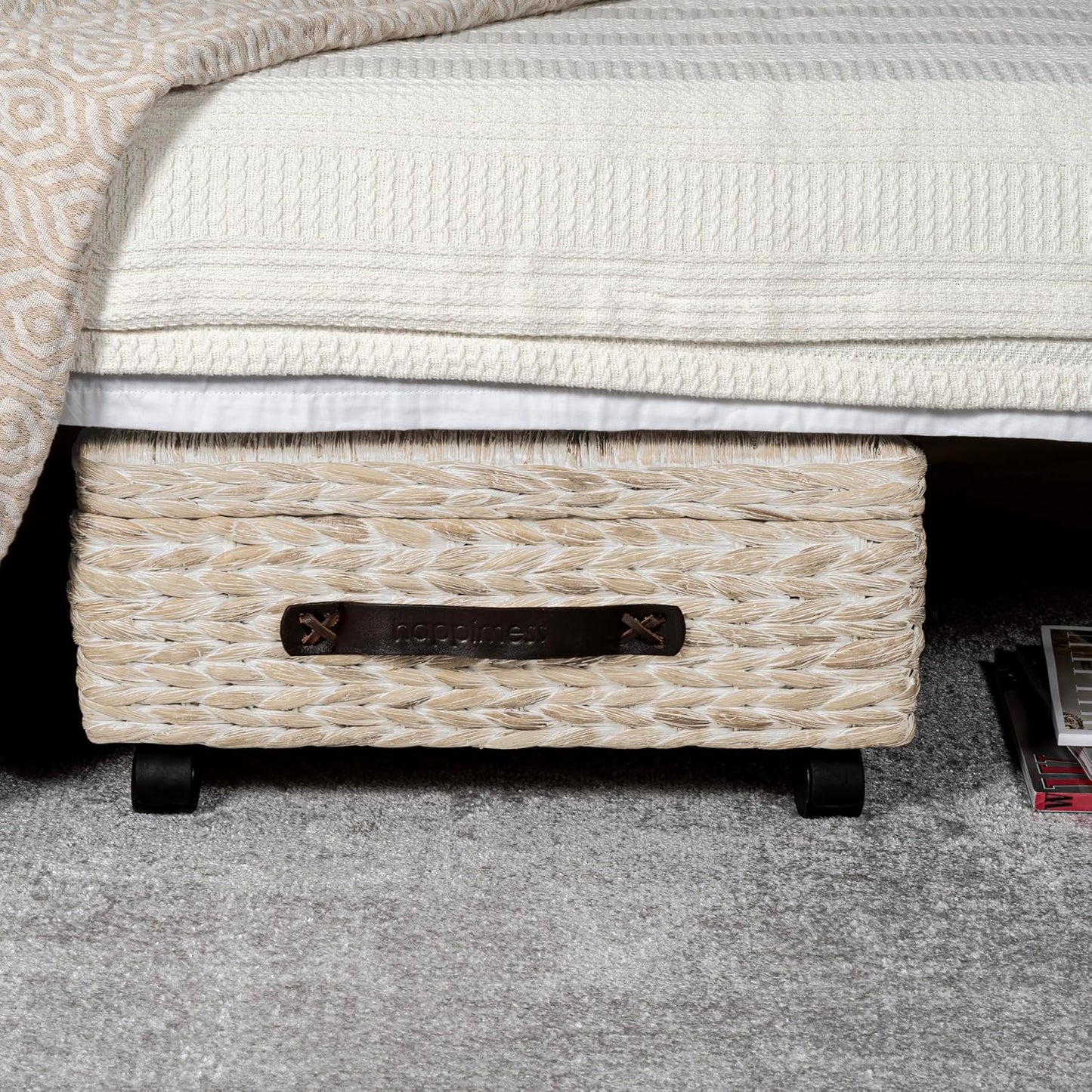 happimess BSK1006D Chett 26.38" Minimalist Hand-Woven Hyacinth/Wood Underbed Storage Bin with Wheels and Handles, White Wash/Dark Brown for Storage and Decoration in Bathroom, Bedroom, Living Room