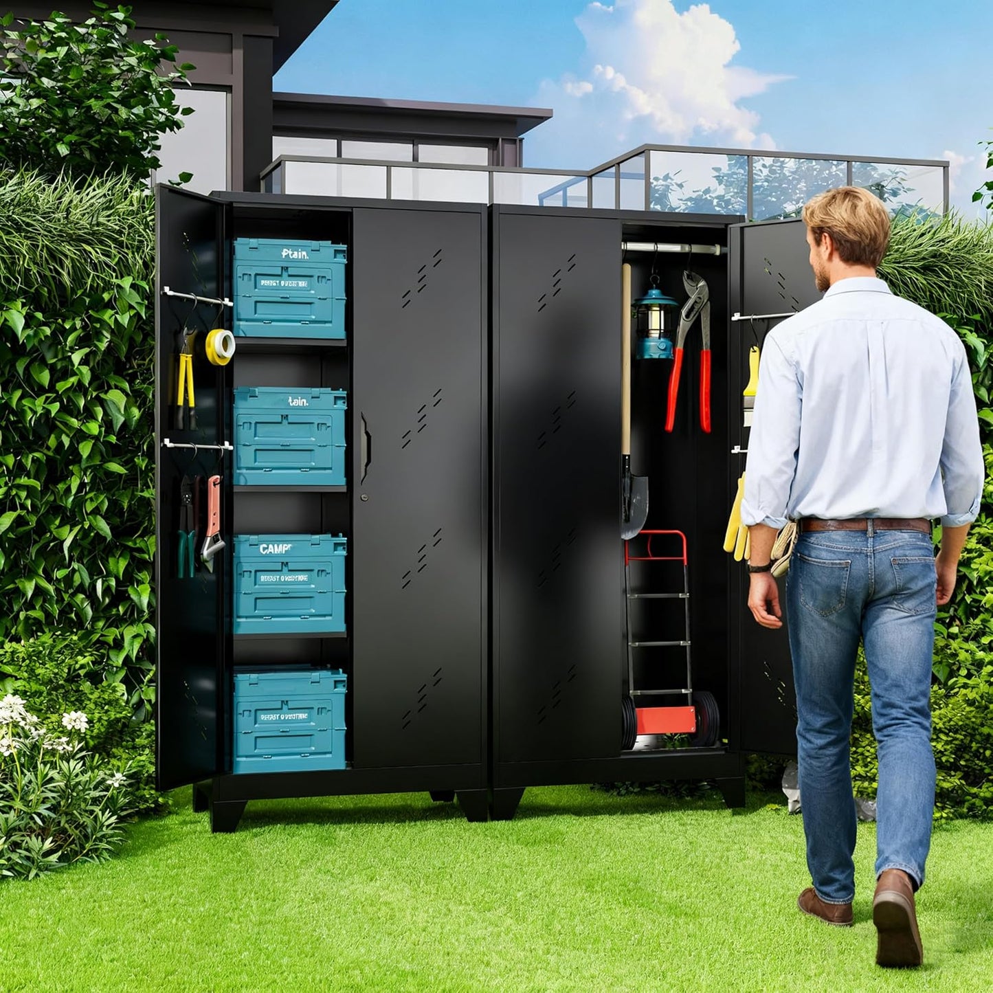 71" Metal Tools Storage Cabinet with Doors and Shelves, Outdoor Storage Sheds with Lock, Black Cleaning Supplies Organization Cabinet with Hanging Rod for Garage, Outdoor,