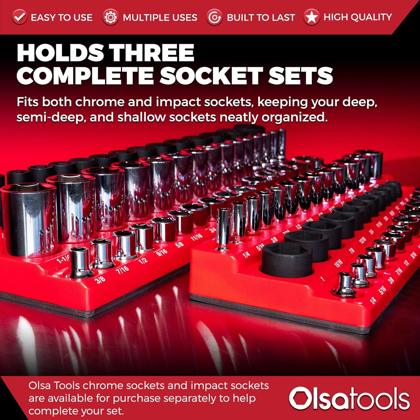 Olsa Tools Magnetic Socket Organizer | 3pc Socket Holder Kit | 1/2-Inch, 3/8-Inch, & 1/4-Inch Drive | Socket Organizers For Toolboxes | Red | Holds 123 | Professional-Grade Tool Organizer | Part 1560