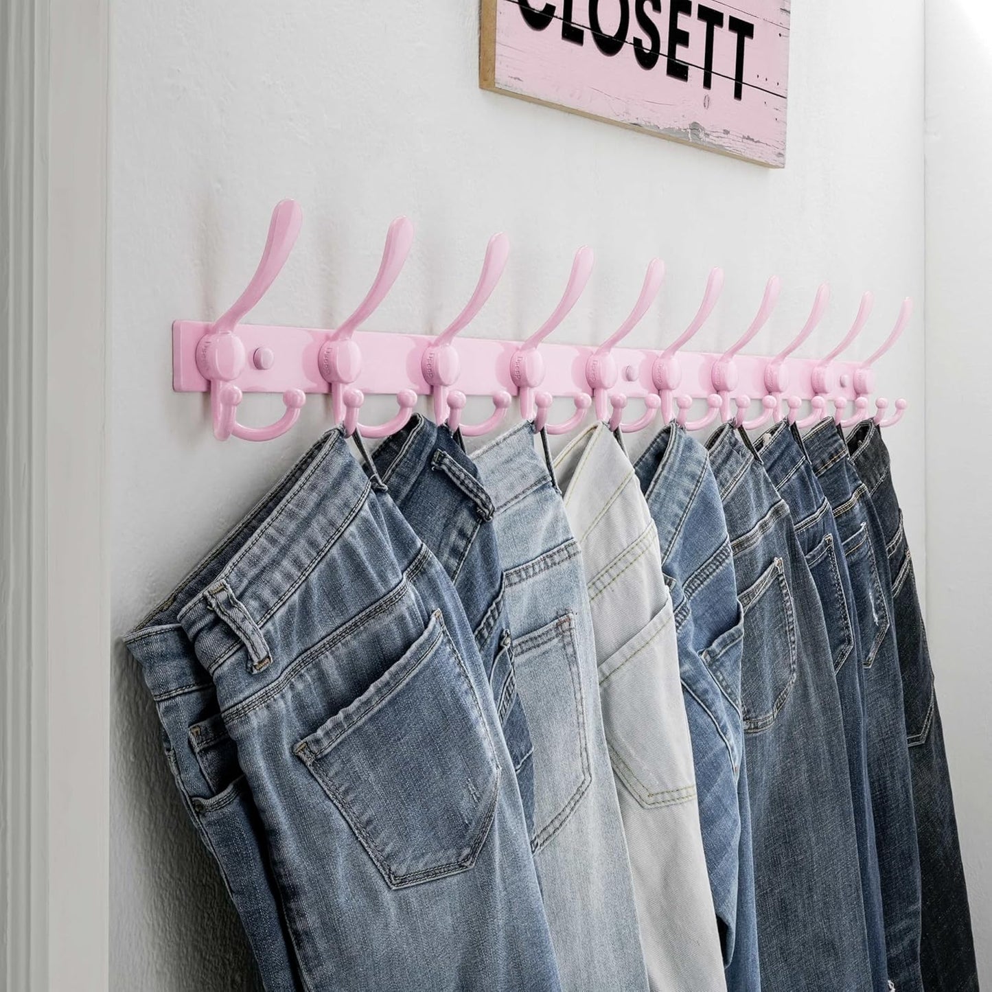 Dseap MaxStrong 2.0 Coat Rack Wall - 37” Long 10 Tri Hooks - Ultra Heavy-Duty Stainless Steel Wall Mount Coat Hanger, Hook Rail for Clothes Hats Jacket Towels Pink