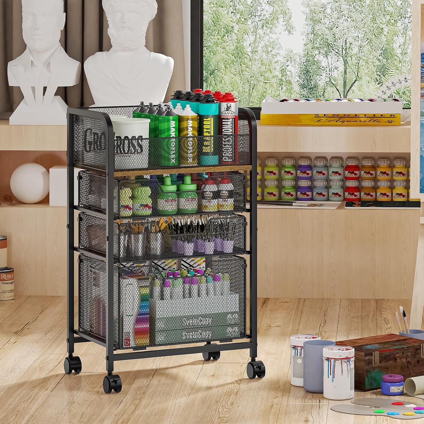 4-Tier Rolling Utility Cart with 3 Drawers - Craft Organizers and Storage with 360° Lockable Wheels,Art Supply Storage Organizer for Art Supplies, Store for Brushes & Paints & Artifacts Small Parts