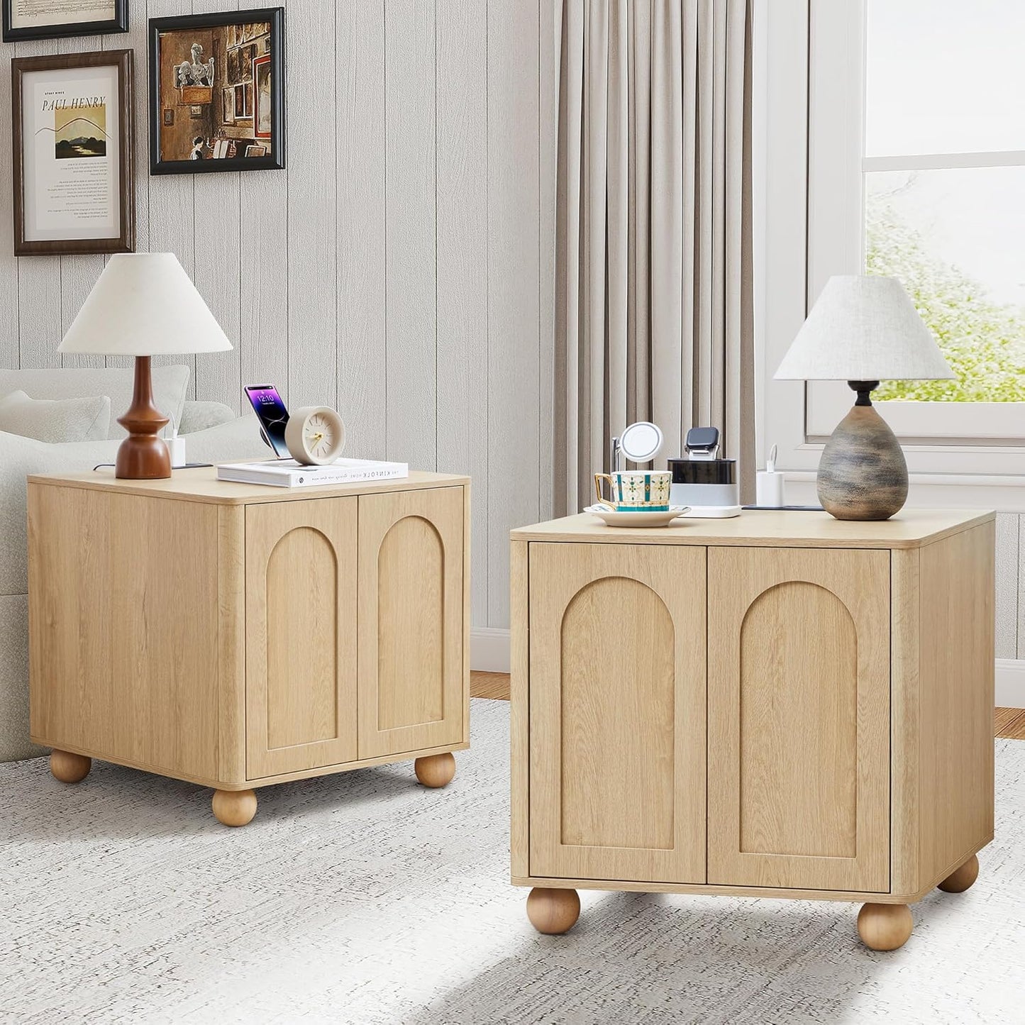 Bed Side Table Set of 2 with Charging Station, Mid Century Modern Nightstand with 2 Doors, Square End Table with Storage for Couch,Living Room, Sofa Side Table for Office,Dorm - Natural