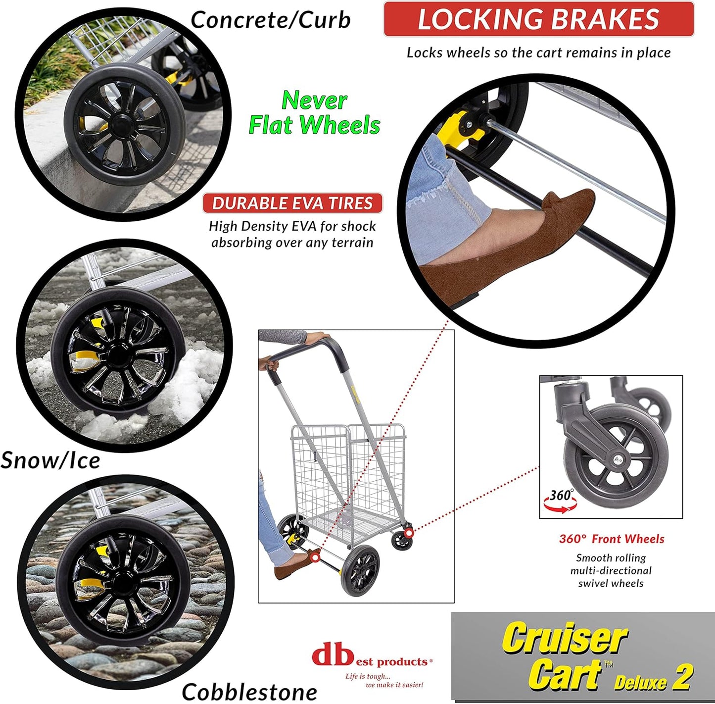 dbest Products Cruiser Cart Deluxe 2 Germ Guard Bundle Shopping Handle Grocery Rolling Folding Laundry Basket on Wheels Foldable Utility Trolley Compact Lightweight Collapsible