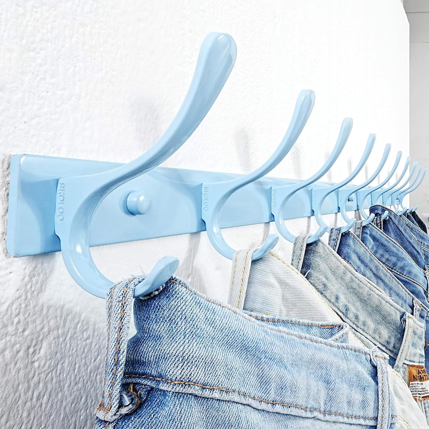 SKOLOO Coat Rack Wall Mounted - 10 Hooks, Pack of 2, Heavy Duty, Stainless Steel, Metal Coat Hanger, Sturdy Wall Hooks for Hanging Coats, Jacket, Clothes, Hat, Blue