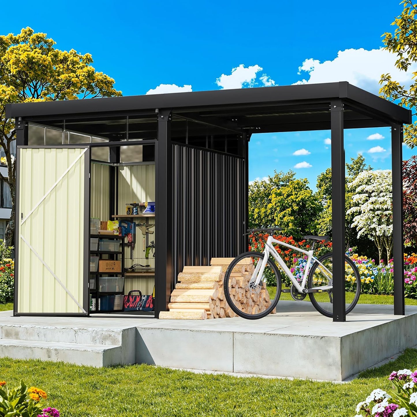 Greesum 2-in-1 Outdoor Storage Shed & Gazebo, 7x8FT Metal Lockable Shed and 7x8FT Open-Sided Pergola, Gutter Design and Transparent Window, for Patio, Garden, Backyard, Gray