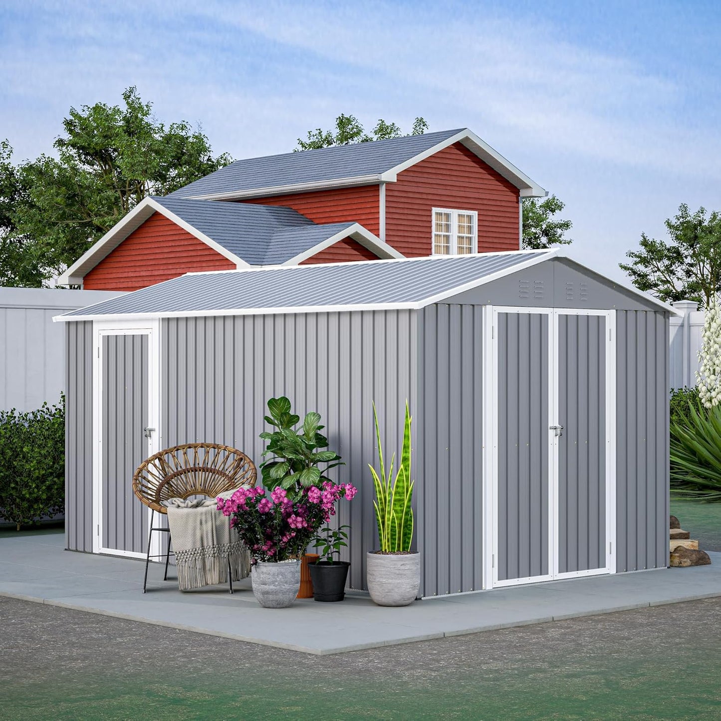 8x12 FT Outdoor Storage Shed with Gable Roof, Lockable Double Doors & Adjustable Side Door, Weatherproof with Frame Floor, Large Metal Utility Shed for Garden, Backyard, Patio