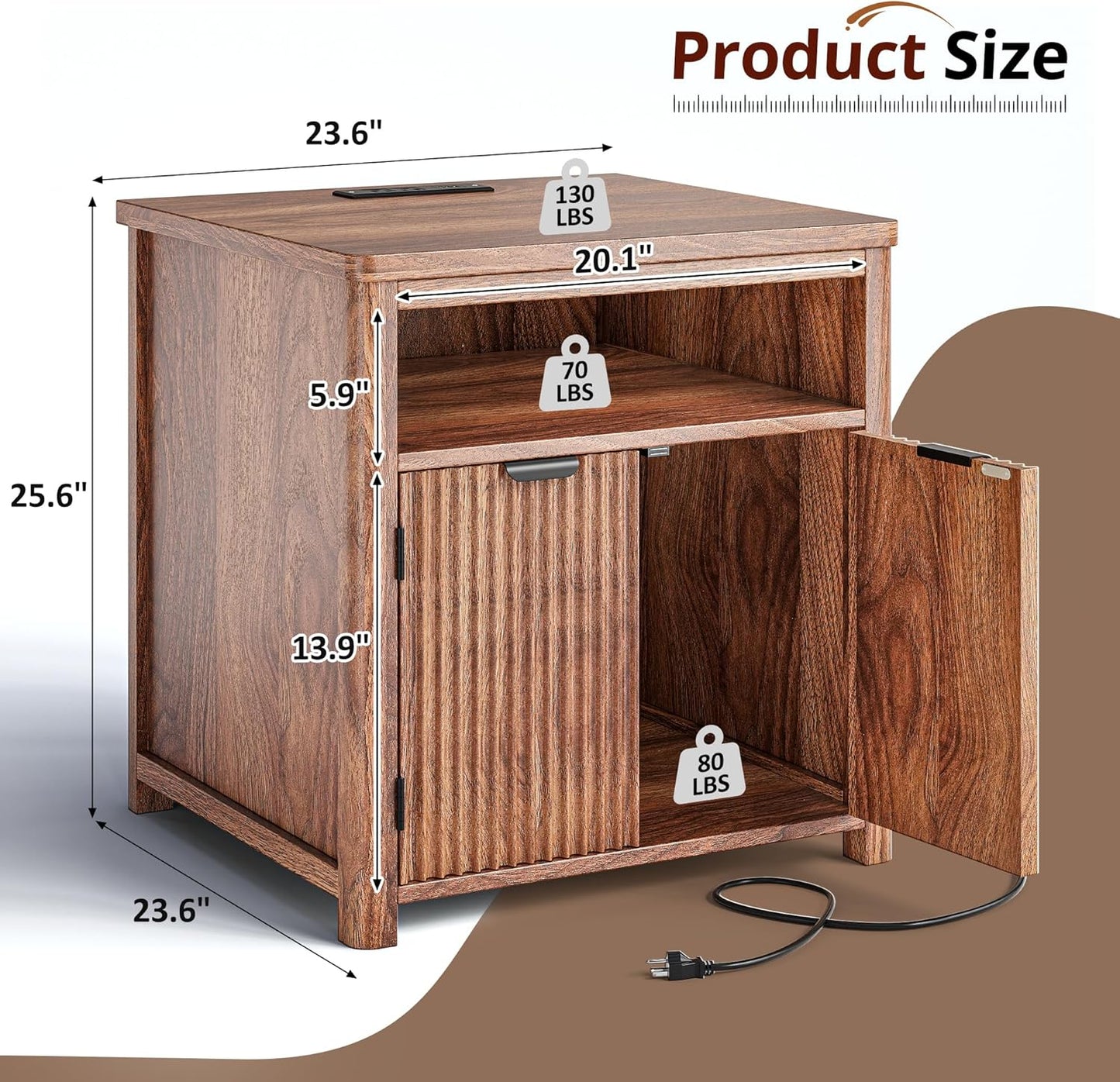 Fluted Nightstand with Charging Stations, 23.6" Wide Walnut Nightstand with Storage Drawers, Side Tables, Modern Farmhouse End Tables for Bedroom, Walnut Brown