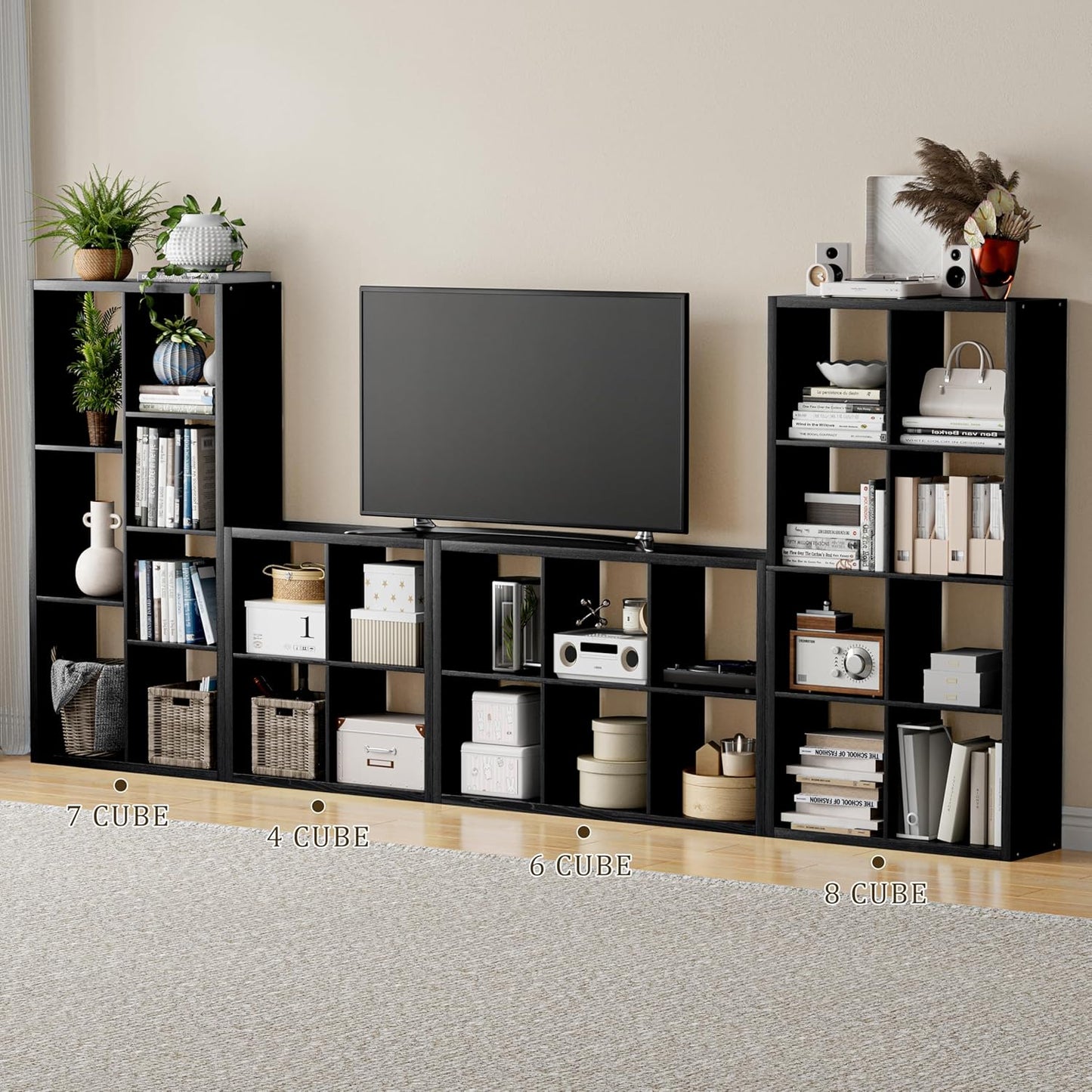 Cube Storage Organizer Bookcase, Decorative 11 inch Open Back Cubical Shelf with Thickened Border, Display Bookshelf for Living Room, Home Office, Sturdy Room (Black, 8 Cube)