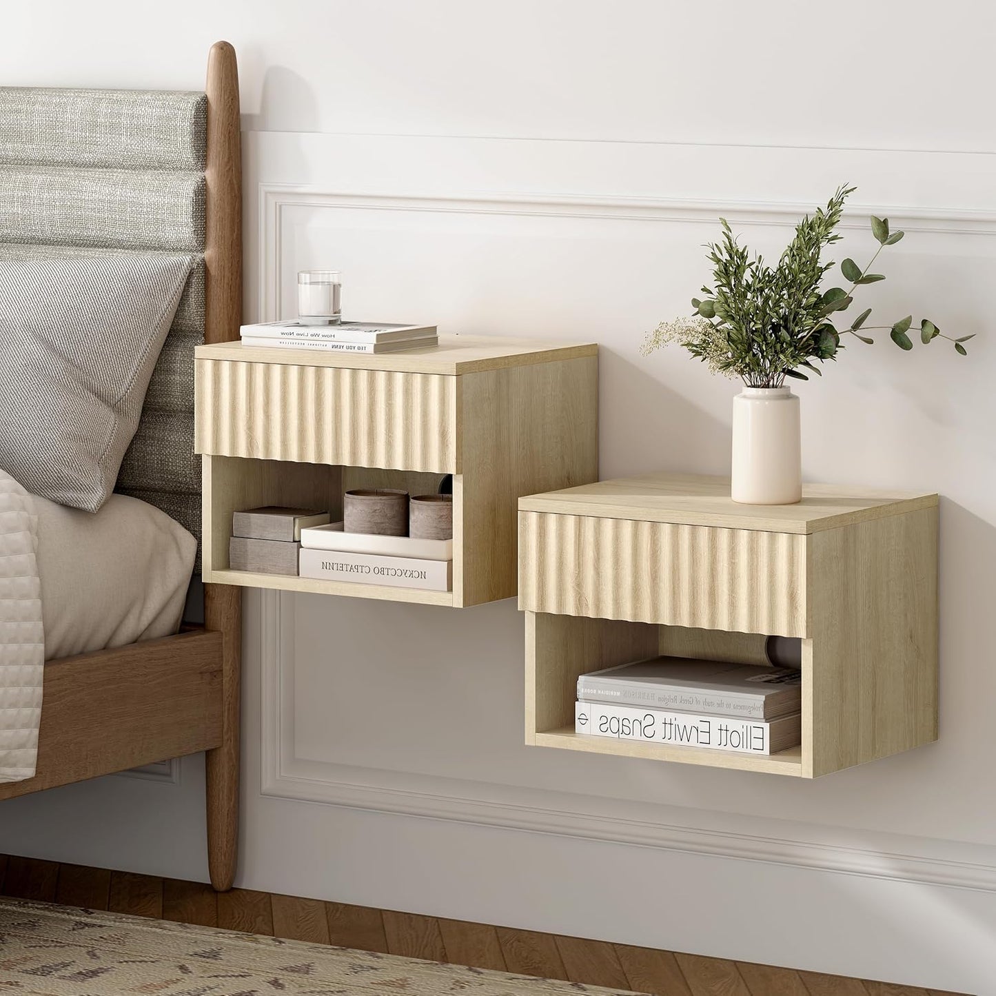 Floating Nightstands Set of 2 with Drawer and Open Shelf, Small Wall Mounted Bedside End Table, Modern Fluted Night Stand for Bedroom, Living Room, Light Oak