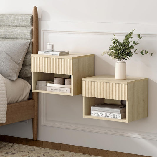 Floating Nightstands Set of 2 with Drawer and Open Shelf, Small Wall Mounted Bedside End Table, Modern Fluted Night Stand for Bedroom, Living Room, Light Oak