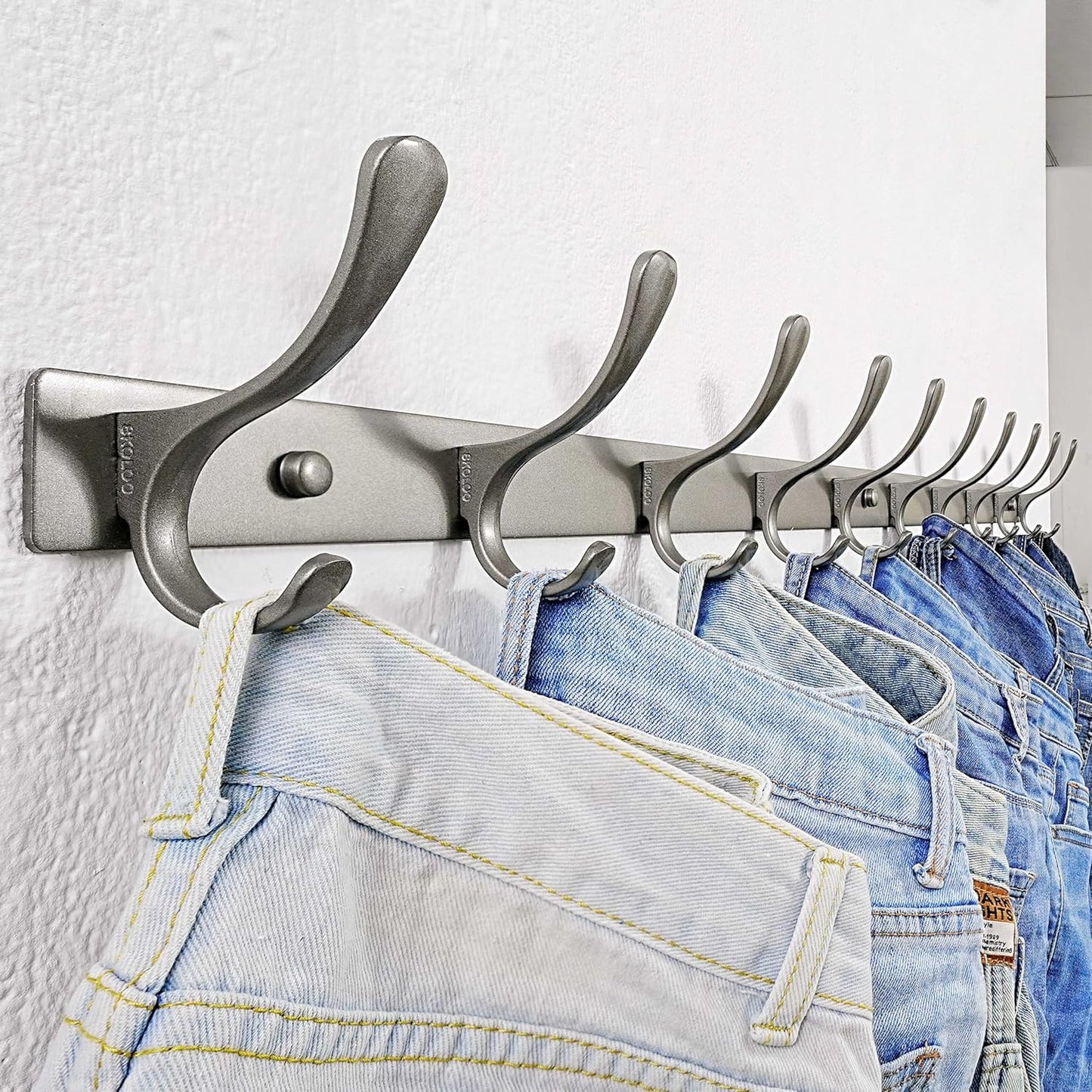 SKOLOO Coat Rack Wall Mounted - 10 Hooks, Heavy Duty, Stainless Steel, Metal Wall Hanger, Sturdy Coat Hooks for Hanging Coats, Jacket, Clothes, Hat, Matte Grey