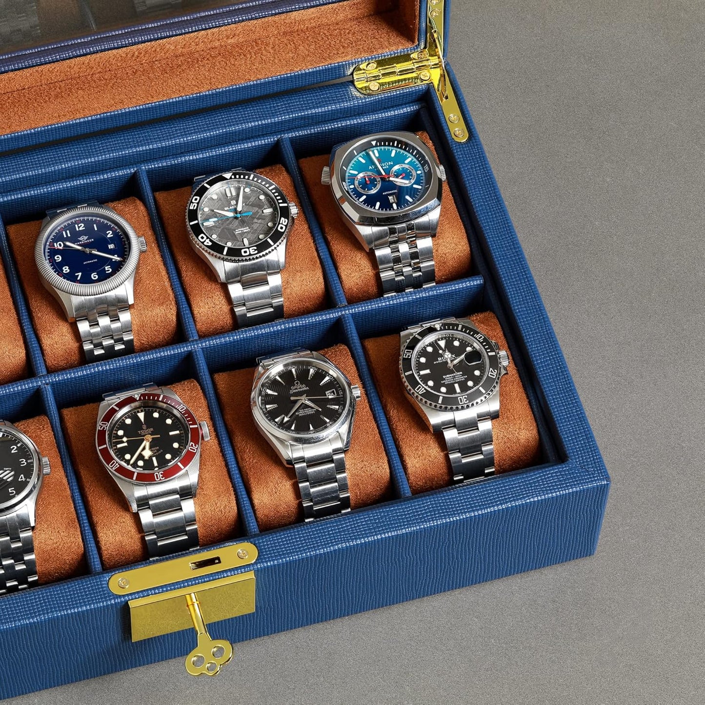 ROTHWELL 10 Slot Leather Watch Box - Luxury Case Display Jewelry Organizer - Locking Watch Display Case Holder with Large Glass Top - Box Organizer for Men and Women (Blue/Tan)