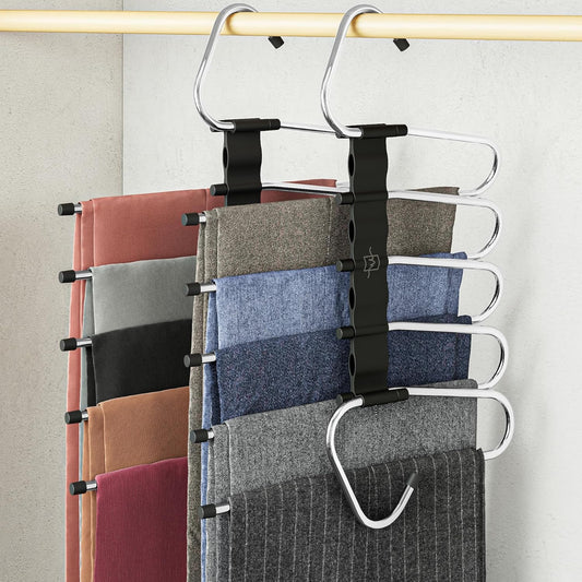 MORALVE Pants Hangers Space Saving - 2 Pack - Non-Slip Multi-Layer Space Saving Hangers - Multifunctional Clothing Rack for Closet Storage - Ideal for Jeans, Trousers, Skirts, Scarves & Slacks (Black)