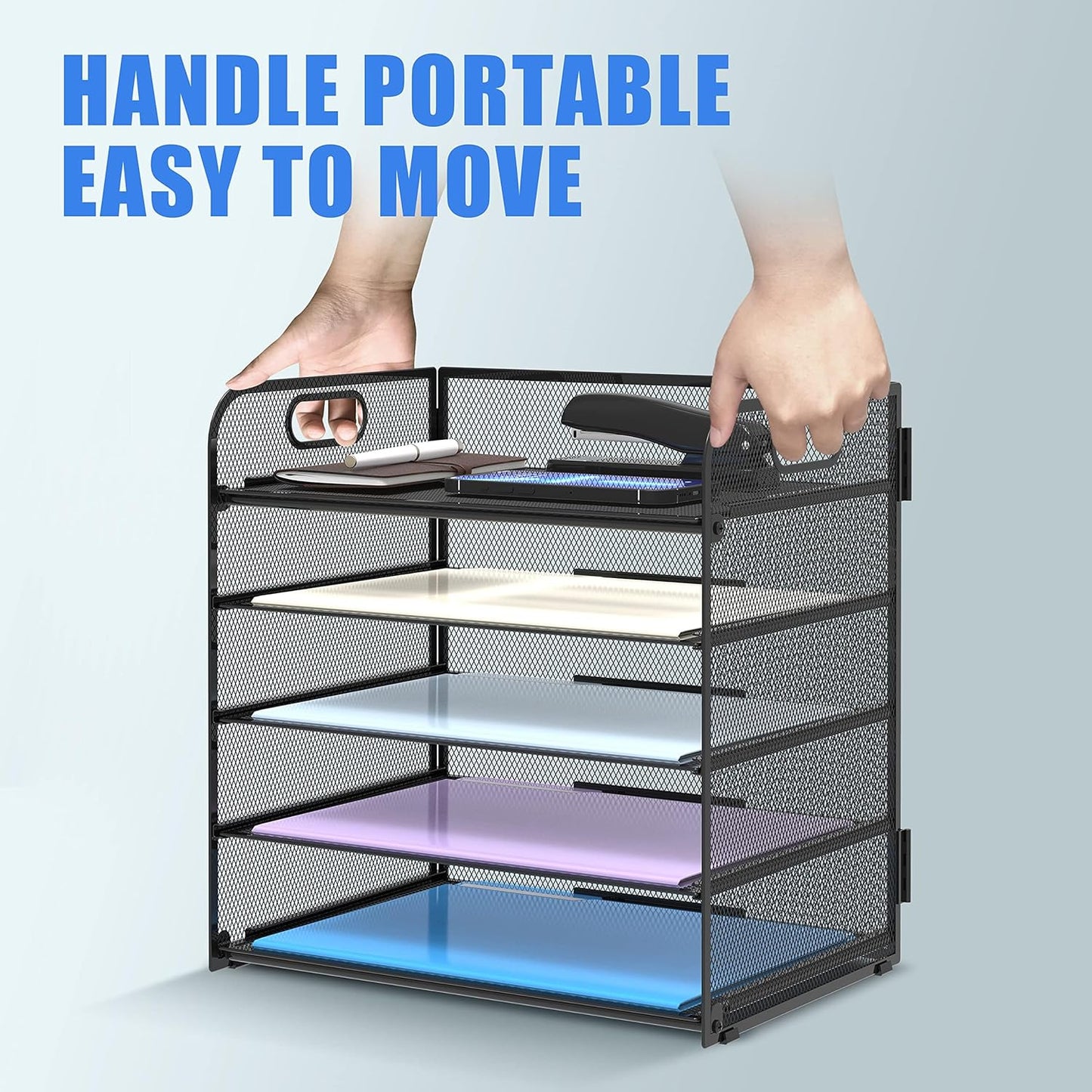 Supeasy 2 Pack 5-Tier Desk Organizer with Handle Mesh Desk File/Paper Organizer Letter Tray for Office, School and Home Easy Installation, Black