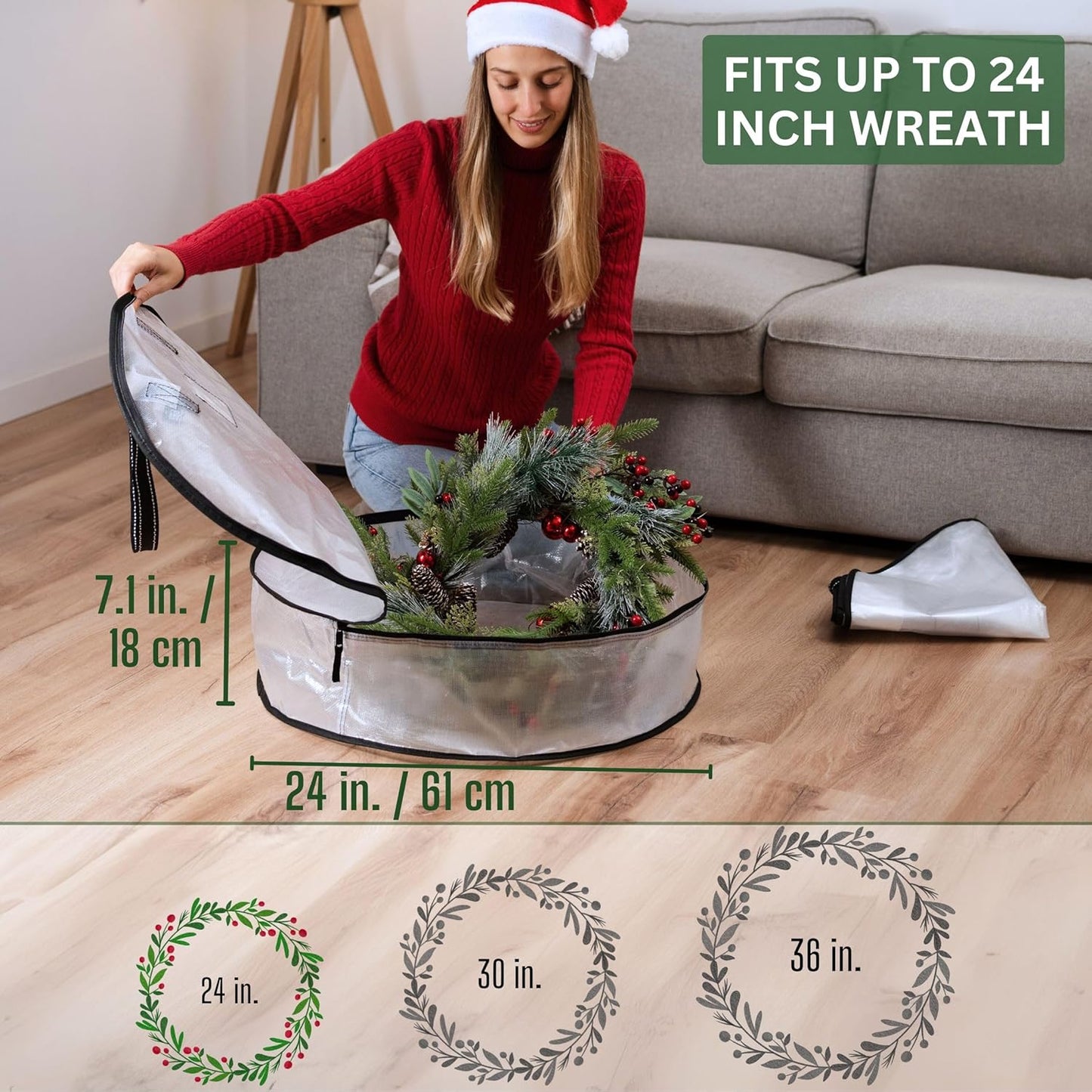 VENO 4 Pack Christmas Wreath Storage Container - 24 Inch Clear Wreath Bag, Christmas Garland and Holiday Decoration Organizers with Zipper and Durable Handles (Clear, 24"-4 Pack)