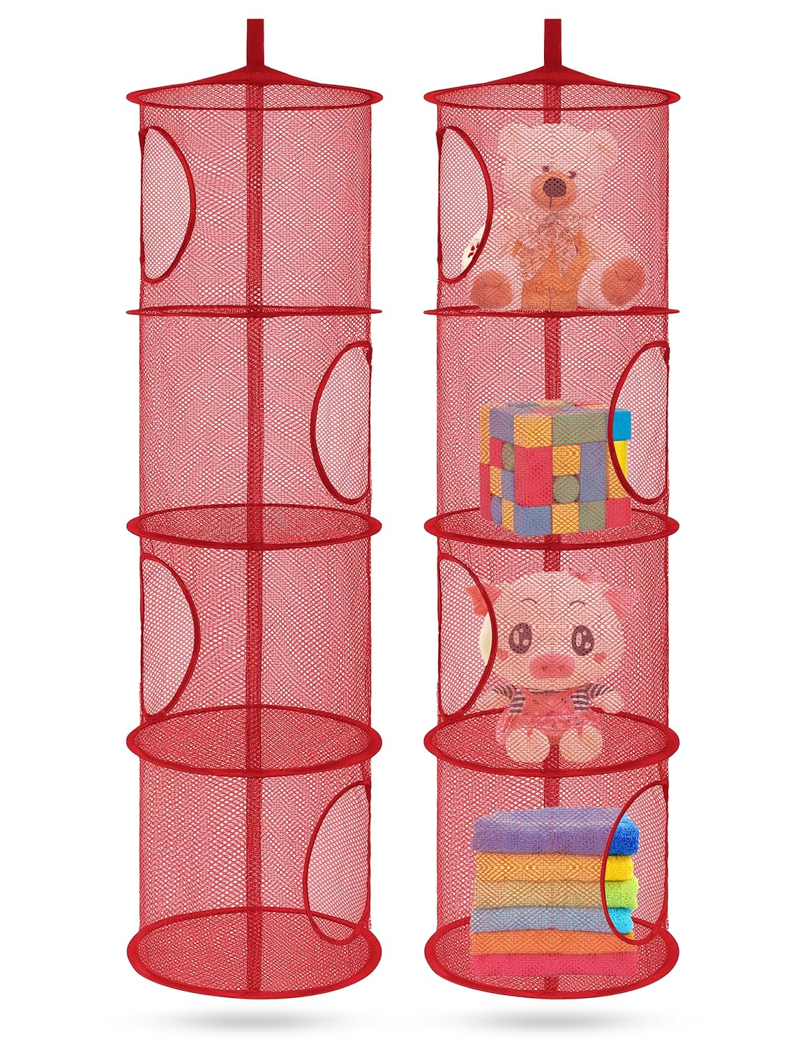 Libeder Stuffed Animal Storage Mesh Hanging Storage Space Saver Bags Organizer,Foldable Storage Organizer 4 Compartments Toy Net Storage Basket for Kids Room Bathroom 2 Sets Red